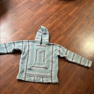 Cozy Green and Gray Hooded Sweater. Drug rug size small. Never worn